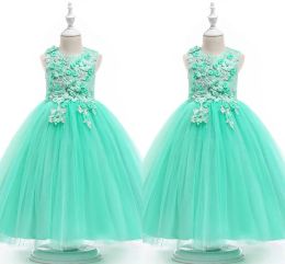 Dresses Mint Green Ball Gown Flower Girls Dresses 2022 Lace 3D Flowers Beaded Cap Sleeve Jewel Girls Prom Dress Pageant Toddler First Comm