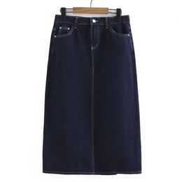 Plus Size Skirt Women 2023 Spring Fashion Deep Blue High Waist ALine Retro Back Split Denim MidLength Bottoms Curve Clothes 240321