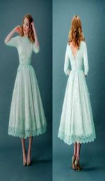 Vintage Lace Prom Dresses Bateau Neck Half Sleeves Mint Green Tea Length Spring Plus Size Backless Party Dress With Sleeves9142078