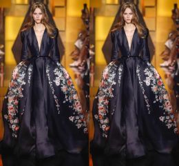 Dresses 2016 Black Pattern Elie Saab Evening Dresses Deep V Neck Long Sleeves Satin Sweep Train A Line Party Dress Red Carpet Celebrity Dr