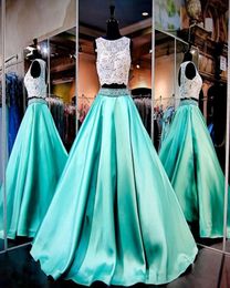 Gorgeous Two Piece Mint Green Prom Gowns Lace Crop Top Hollow Back Dresses Evening Wear Beading Crystals Ruffles Satin Robe De Soi4931789