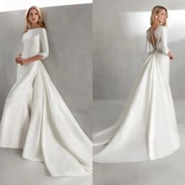 Dresses Elegant Mermaid Wedding Dresses With Train Bateau Neck Long Sleeves Satin Bridal Gowns Covered Button Back Princess Wedding Gowns