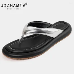 Slippers JOZHAMTA Size 34-40 Wedges Sandals For Women Summer Real Leather Shoes Woman Flip Flops Clip Toe Beach Slides
