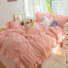 Bedding Sets Pink Korean Seersucker Princess Girl Kawaii Set Lovely Ruffles Home Woman Duvet Cover Luxury Pleated