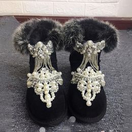 Casual Shoes Women Boots Plush Suede Parent Child Snow Boot Heavy Cotton Fashion Pearls Sequins Rhinestone Tassel Black Hair Winter