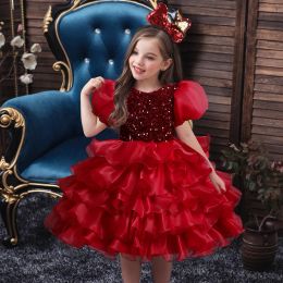 Dresses Lovely Sequins Burgundy Flower Girls' Dresses Baby Infant Toddler Baptism Clothes Knee Length With Lace Bow Flowers Tutu Ball Gown