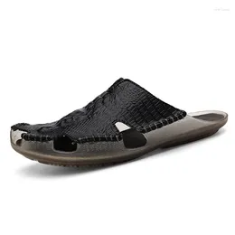 Slippers Men Genuine Leather Big Size Outside Slides Summer Casual Beach Shoes Comfortable Flat Non Slip