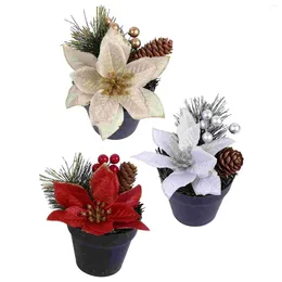 Decorative Flowers 3 Pcs Mini Xmas Tree Artificial Silk Flower Christmas Poinsettia Potted Party Props Fake Plant Faux