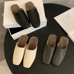 Casual Shoes Elegant Square Toe Leatherette Mule Slide Woman Winter Outdoor Fur Slippers Ladies Concise Slip-on Warm Plush Flat