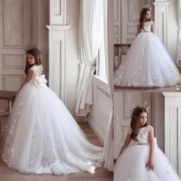 Dresses White Flower Girls Dresses With Bow Elegant Appliqued Lace Beads First Communion Dress Princess Sleeveless Custom Made Kids Pagean