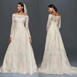 Dresses Oleg Cassini Modest Wedding Dresses with Long Sleeves Lace Applique Off The Shoulder Garden Outdoor Wedding Dresses Plus Size Brid