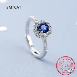 Cluster Rings 925 Sterling Silver Blue Sapphire Adjustable Ring For Women Fashion Party Jewellery Gift Anel Bague Anillos De Prata