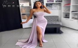 Sexy Evening Dresses Strapless Satin High Split Prom Dress Lavender Party Cocktail Gowns Saudi Arabia Dubai Plus Size Vesitos1991256