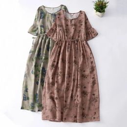 Party Dresses Cotton Linen Floral Short-sleeved Dress Female Summer Korean Version Of The Loose Large Size Temperament Round Neck Tie Casu