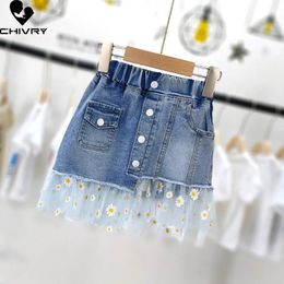 Summer Kids Girls Fashion Skirts Mesh Patchwork Daisy Button Denim Skirt with Pockets Girls Children Casual Clothing 240329