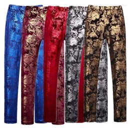 Men's Suits Fashion Brand Gold Velvet Suit Pants / Silver Blue Men Luxury Wedding Prom Party Foil Printed Trousers