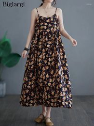 Casual Dresses Oversized Summer A-Line Sleeveless Slip Dress Women Flower Print Fashion Loose Ruffle Ladies Holiday Woman