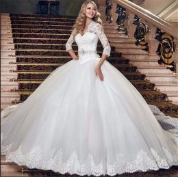 Dresses Gorgeous Ball Gown Princess 3/4 Sleeves Dropped Waistline Wedding Dress Beading Sash Applique Lace Bridal Gowns Plus Size