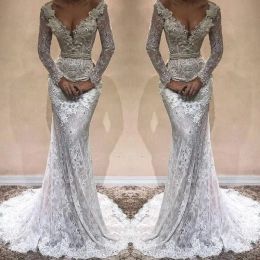 Dresses Gorgeous Pearls Applique Wedding Dress Sexy VNeck Long Sleeves Beads Lace Mermaid Wedding Dress Stylish Plus Size Dubai Vestido D