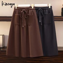 Plus Size Pocket Big Hem Women Loose A Line Skirt Autumn Winter Casul 4XL Elastic High Waist Midi Long Umbrella Skirts Falmale 240328