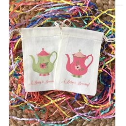 Drawstring Tea Party Theme Favour Bag Custom Baby Shower Gift "A Is Brewing" Cotton Welcome Treat Bags Candy Teapot Baptism