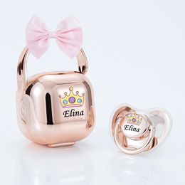 MIYOCAR Personalised bow Metallic rose gold bling pacifier and pacifier box set BPA free dummy Luxury baby shower gift 240401