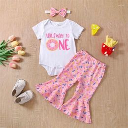 Clothing Sets VISgogo Baby Girls Clothes Summer Outfit White Short Sleeve Letter Print Romper Donut Flared Pants Headband