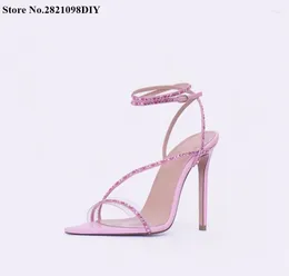 Dress Shoes Pink Crystal Straps Transpatent Pvc Thin High Heel Padded Sandals Women Open Toe Slingback Strap Summer