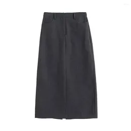 Skirts 2024ZAR Spring/Summer Women's Fashion Casual Small And Versatile Commuting Style Grey Blended Mid Length Skirt