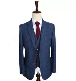 Wool Blue Wedding Tuxedos Herringbone Retro Gentleman Style Customised Men039s Suits Tailor Suit Blazer Suits for Men JacketP8307187