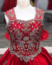 Dresses Little Miss Pageant Dress for Teens Juniors Toddlers 2021 Rhinestones Crystals Red Satin Long Kids Gown Formal Party Beading Strap