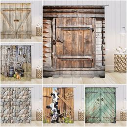 Shower Curtains Vintage Wooden Door Curtain Retro Barn Farmhouse Funny Cows Bathroom Bathtub Decorations With Hooks