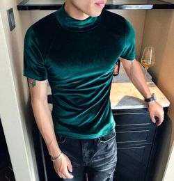 Luxury Semi Turtle Neck T Shirt Velvet Men Autumn Winter Short Sleeve Solid Colour T Shirts Men Slim Fit Tee Shirt Homme Y200409 x22441457