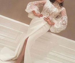 2019 Newest Evening Dresses High Neck Lace Appliques Long Big Sleeve Side Slit White Arabic Mermaid Prom Formal Gowns ED23015723552