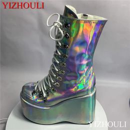 Dance Shoes Slope Heel 12.5cm High Heels Stage Show Style Street Hipster Dazzle Colour Ankle Boots Custom Steel Pole Dancing