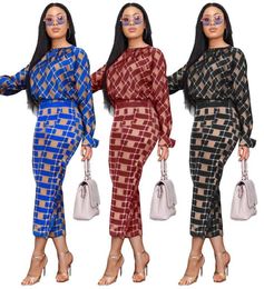 Women Designer Two Piece Dress Fashion Blouse and Skirts Sets 2pcs Pattern Printing Long Sleeve Blouses Bodycon Dress Sets 2020 Ne7668728