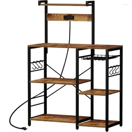 Kitchen Storage Bakers Rack With Power Outlet Microwave Stand Coffee Bar Wire Basket 6 S-Hooks