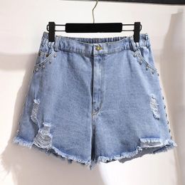 150Kg Plus Size Womens Summer Loose Denim Shorts Ripped Beaded Straight Wide Leg Pants Blue Hip 154cm 5XL 6XL 7XL 8XL 9XL 240322