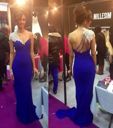 2016 New Sexy Royal Blue Prom Dresses Sheath Long Crystal Beads One Shoulder Cap Sleeves Formal Party Cheap Evening Pageant Gowns 5424870