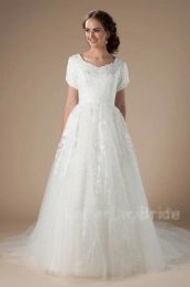 Dresses Aline Vintage Long Modest Wedding Dresses With Short Sleeves Buttons Back Country Western Lds Bridal Gowns Custom Made Robe De Ma
