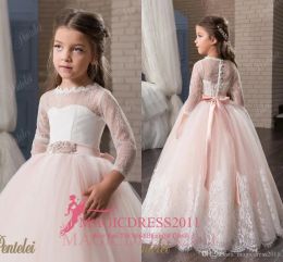 Dresses Lovely Lace Long Sleeves Flower Girls Dresses Ball Gown Tutu 2017 Blush Pink Ruffles Floor Length Girls Pageant Dress Kids Communi