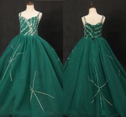 Dresses Bling Emerald Green Girls Pageant Dresses 2019 Crystal Beaded Sequins Spaghetti Open Back Ball Gown Party Dress Teens Special Occa