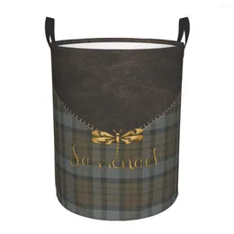 Laundry Bags Leather And Tartan Sassenach Dragonfly Pattern Basket Modern Plaid Check Texture Hamper For Toys Storage Bins