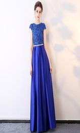 Bateau Neck Satin Long Evening Dresses Gold Royal Blue Black Evening Gowns with Crystal Sash New Short Sleeves Prom Dresses4755478