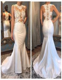 2018 Sexy See Through Mermaid Prom Dresses Jewel Neck Sleeveless Appliques Sweep Train Long Party Evening Dress Vestidos De Fiesta8718112