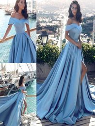 Sexy Modern Arabic Light Blue Formal Evening Dresses African Elegant Off The Shoulders Front Split Popular Prom Gowns BA67771268671