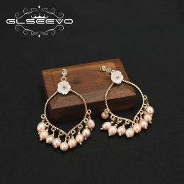 Earrings GLSEEVO Natural Pink Freshwater Pearls 18k Electroplated Gold Shell Flowers Drop Earrings vintage Luxury Wedding Jewelry GE1245