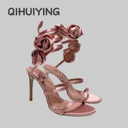 Dress Shoes Top Quality Handmade Stiletto Ladies Wedding Rose Flower Snake Ankle-Strappy High Heels Woman Sandals Bohemian Zapatos De Mujer