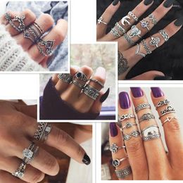 Cluster Rings Fashion Boho Vintage Jewelry For Women Crystal Flowers Star Crescent Geometric Female Finger Set