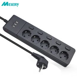 Converter Multiple Power Strip Surge Protection Eu Plug Electrical Extension Sockets with Usb 5 Way Outlets Independent Control 2m Cord